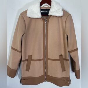 Anthropologie Bagatelle Women's Beige Jacket with White Faux Fur Collar